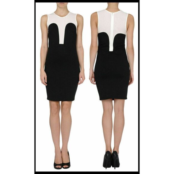 McQ ALEXANDER MCQUEEN DRESS BODYCON CREPE DE CHINE JERSEY BLACK WHITE sz 40 4 - Picture 2 of 8